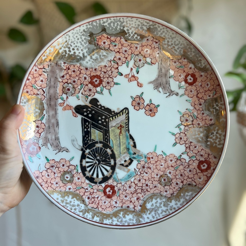 Vintage Gold Imari Hand-Painted Japanese Wall Plate – Cherry Blossoms & Ox Cart